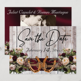 Flowers & Horseshoes, Burgundy Ribbon Wedding Save The Date
