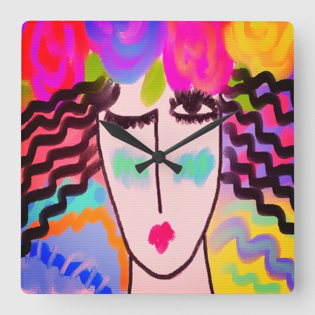 Flowers in Her Hair Abstract Art Quadratische Wanduhr (Vorderseite)
