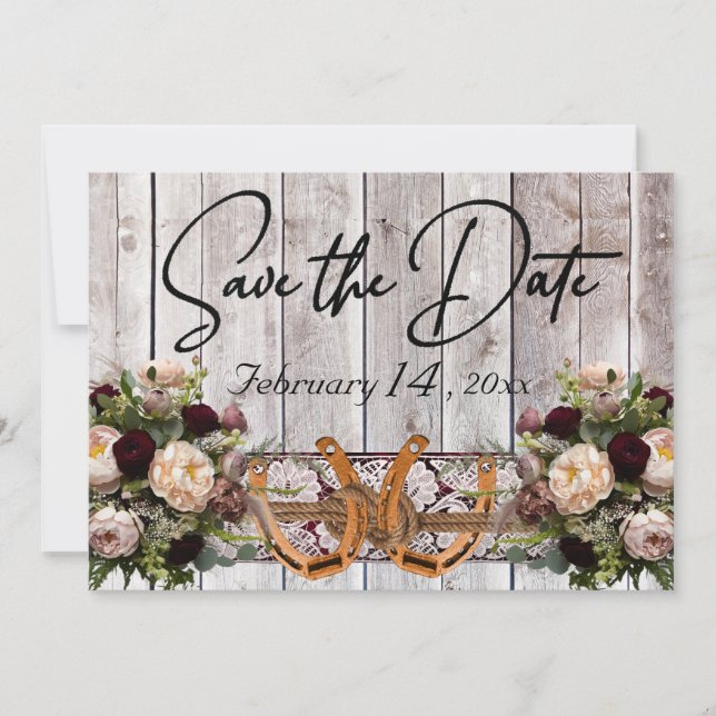 Flowers, Lace & Horseshoes Burgundy Ribbon Wedding Save The Date (Vorderseite)