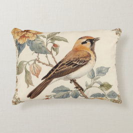 Flowers Pattern and Lovely Bird, Off White, Yellow Dekokissen