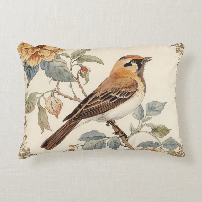 Flowers Pattern and Lovely Bird, Off White, Yellow Dekokissen (Vorderseite)