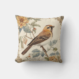 Flowers Pattern and Lovely Bird, Off White, Yellow Kissen