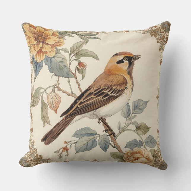 Flowers Pattern and Lovely Bird, Off White, Yellow Kissen (Vorderseite)