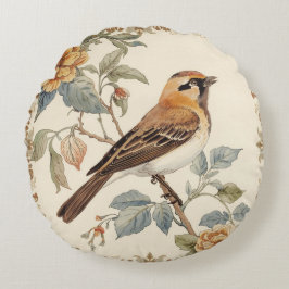 Flowers Pattern and Lovely Bird, Off White, Yellow Rundes Kissen