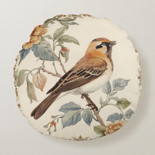 Flowers Pattern and Lovely Bird, Off White, Yellow Rundes Kissen (Vorderseite)