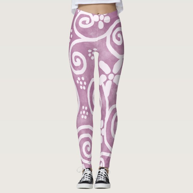 Flowers Swirls Dusty Pink White Pattern Whimsical Leggings (Vorderseite)