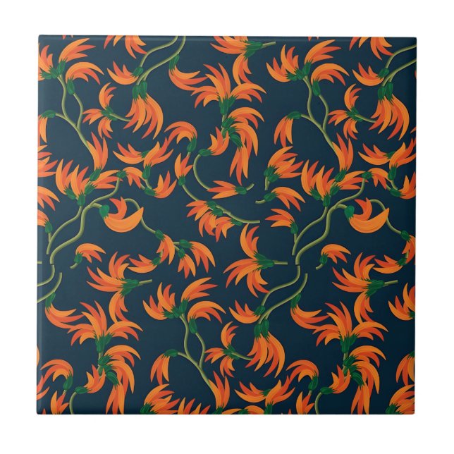  Flowing Orange Floral Pattern Fliese (Vorderseite)