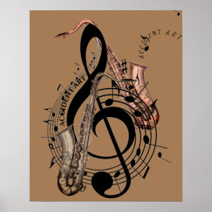 Flown musikalischer Symbole mit Saxophonen auf ein Poster