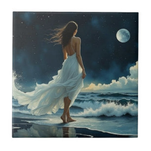 Flucht am Meer unter dem Mond Küstenkunst Fliese