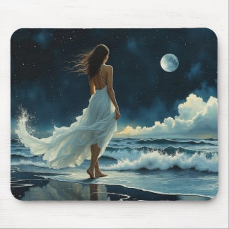 Flucht am Meer unter dem Mond | Küstenkunst Mousepad