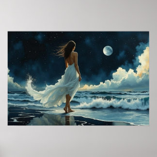Flucht am Meer unter dem Mond | Küstenkunst Poster