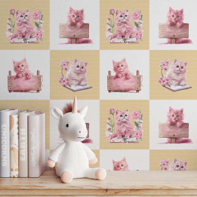 Flüchtige Blick-A-Boo Kitty! Pink Kitten & Book Tapete (Peek-A-Boo Kitty! Pink Kitten & Book Wallpaper)