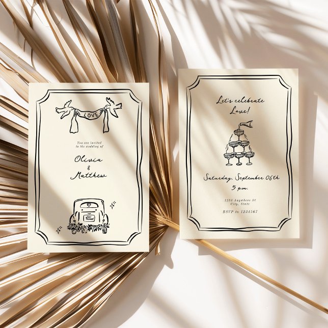 Flüchtige Hand Drawn Wedding Black Einladung (Whimsical Hand Drawn Wedding Black Invitation)