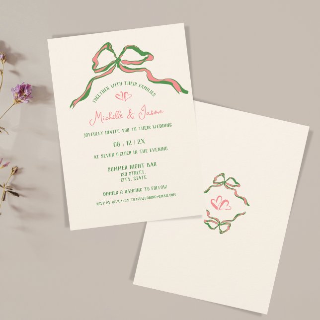 Flüchtige Hand gezogen zeitgenössische Retro-Franz Einladung (green and pink hand drawn illustration with a bow and two hearts)