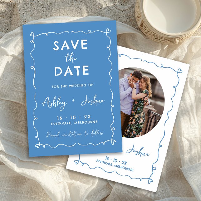 Flüchtige, handgezogene Hochzeit speichern Sie die Dankeskarte (Blue Whimsical Hand Drawn Wedding Save The Date Card, Blue Hand Drawn Save The Date, Trendy Photo)