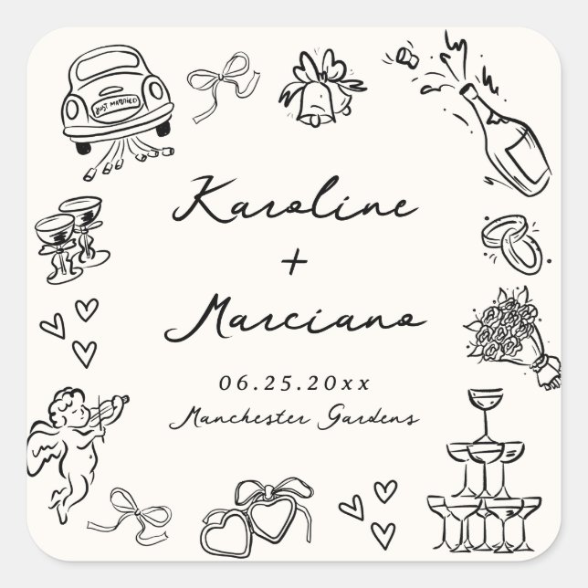 Flüchtige, handgezogene Hochzeitsdoodles Quadratischer Aufkleber (Vorderseite)