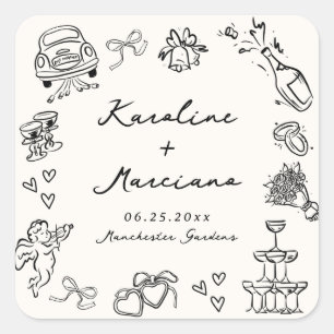 Flüchtige, handgezogene Hochzeitsdoodles Quadratischer Aufkleber