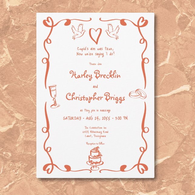 Flüchtige Retro Hand Drawn Sonnenuntergang Orange  Einladung (Whimsical Retro Hand Drawn Sunset Orange Wedding Invitation)