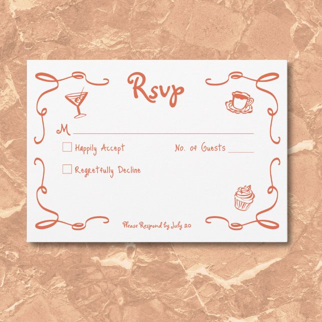Flüchtige Retro Hand Drawn Sonnenuntergang Orange  RSVP Karte (Whimsical Retro Hand Drawn Sunset Orange Wedding RSVP Card)