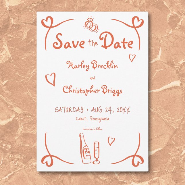 Flüchtige Retro Hand Drawn Sonnenuntergang Orange  Save The Date (Whimsical Retro Hand Drawn Sunset Orange Wedding Save The Date)
