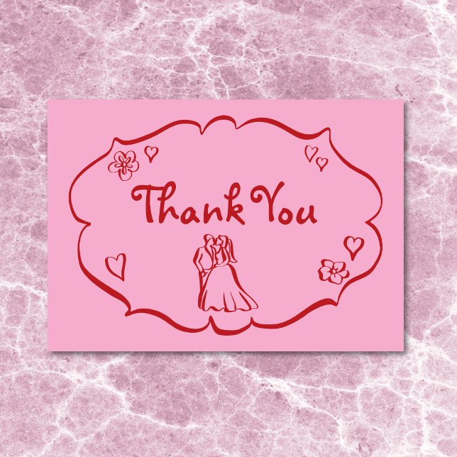 Flüchtige Retro Hand gezeichnet rosa rote Hochzeit Dankeskarte (Whimsical Retro Hand Drawn Pink Red Wedding Thank You Card)