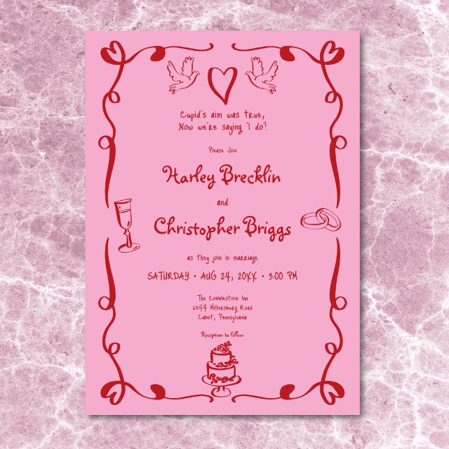 Flüchtige Retro Hand gezeichnet rosa rote Hochzeit Einladung (Whimsical Retro Hand Drawn Pink Red Wedding Invitation)