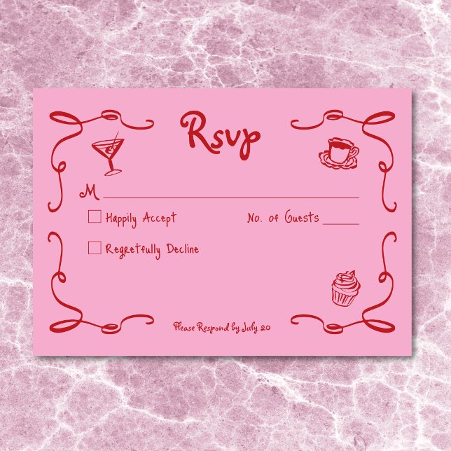 Flüchtige Retro Hand gezeichnet rosa rote Hochzeit RSVP Karte (Whimsical Retro Hand Drawn Pink Red Wedding RSVP Card)