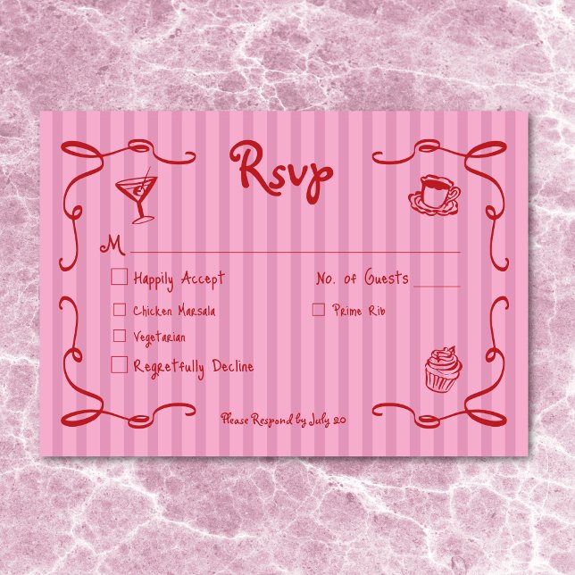 Flüchtige Retro Hand gezogen rosa rosa Hochzeitsst RSVP Karte (Whimsical Retro Hand Drawn Pink Red Wedding Stripe RSVP Card)
