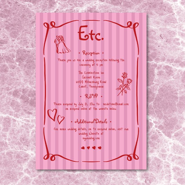 Flüchtige Retro Hand gezogen rosa Rosa Streifen Ho Begleitkarte (Whimsical Retro Hand Drawn Pink Red Stripe Wedding Enclosure Card)