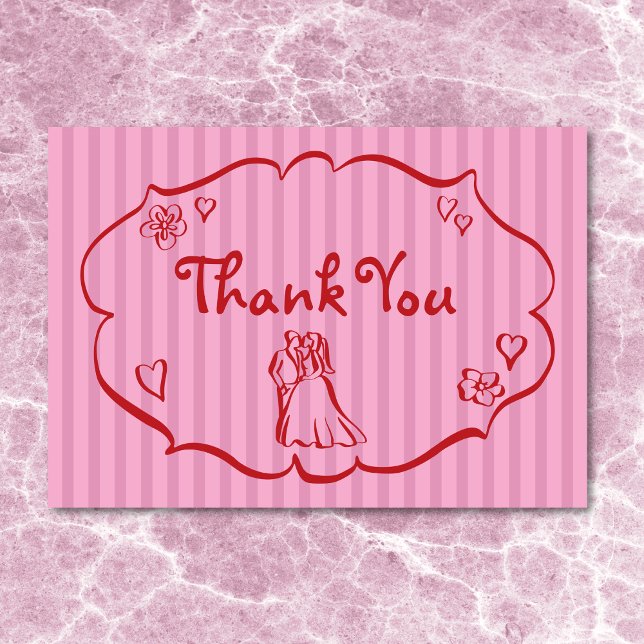 Flüchtige Retro Hand gezogen rosa Rosa Streifen Ho Dankeskarte (Whimsical Retro Hand Drawn Pink Red Stripe Wedding Thank You Card)