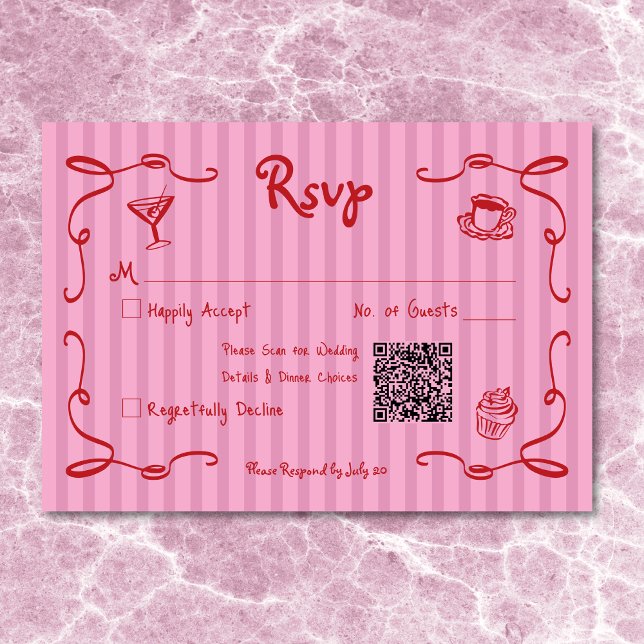 Flüchtige Retro Hand gezogen rosa Rosa Streifen Ho RSVP Karte (Whimsical Retro Hand Drawn Pink Red Stripe Wedding RSVP Card)