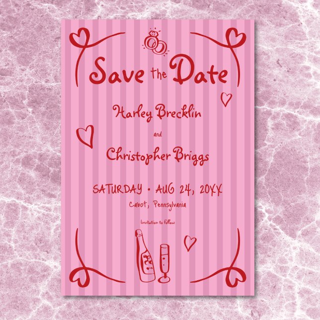 Flüchtige Retro Hand gezogen rosa Rosa Streifen Ho Save The Date (Whimsical Retro Hand Drawn Pink Red Stripe Wedding Save The Date)
