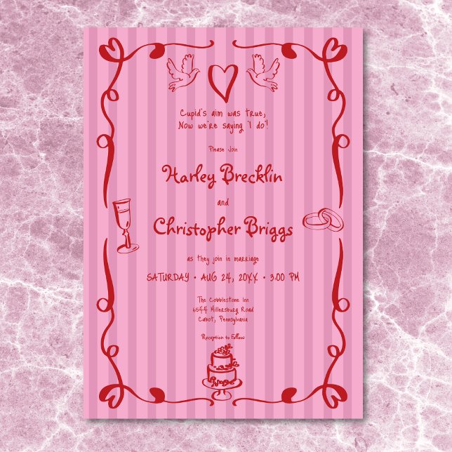 Flüchtige Retro Hand Stripe rosa rote Hochzeit Einladung (Whimsical Retro Hand Drawn Stripe Pink Red Wedding Invitation)