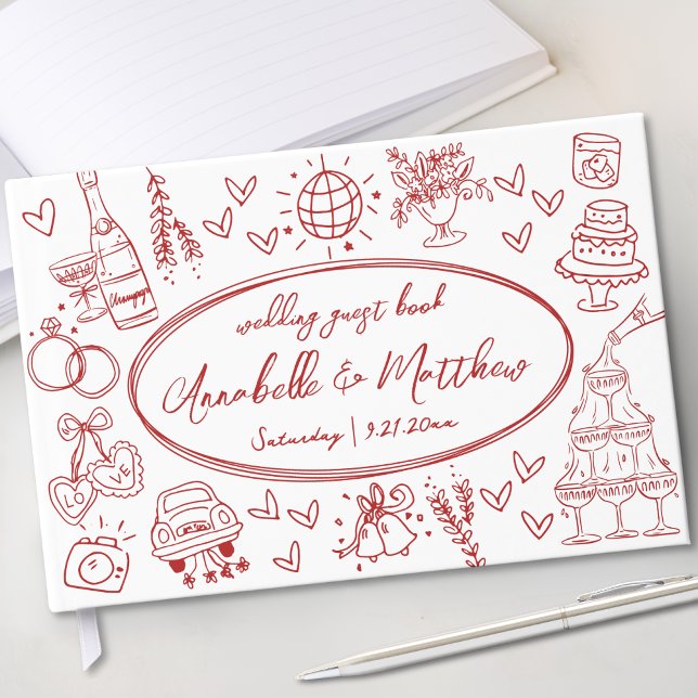 Flüchtige Retro-Rote Hand Drawn-Hochzeit Gästebuch (Whimsical Retro Red Hand Drawn Wedding Guest Book)