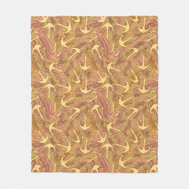 Flüchtiges Seepferd-und Anker-Muster Fleecedecke (Vorderseite)