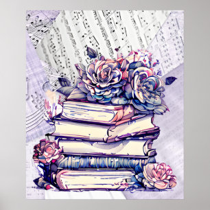 Fluchtstapel alter Vintager Bücher mit Rose Poster