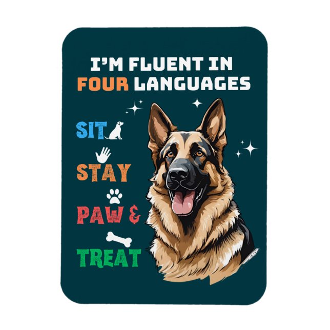 Fluent in vier Sprachen: Sit, Bleibe, Paw & Lecker Magnet (Vertikal)