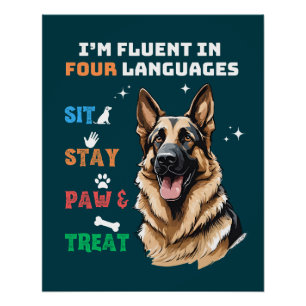 Fluent in vier Sprachen: Sit, Bleibe, Paw & Lecker Poster
