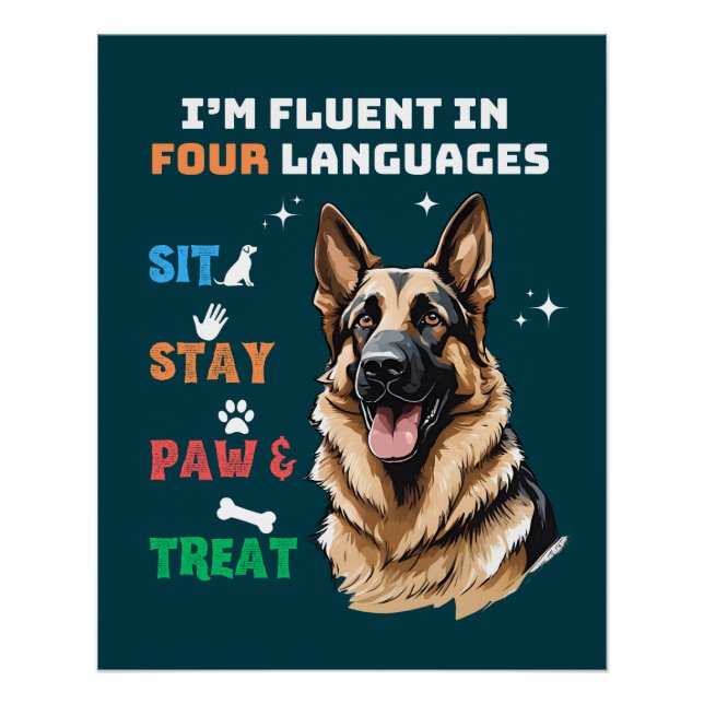 Fluent in vier Sprachen: Sit, Bleibe, Paw & Lecker Poster (Vorderseite)