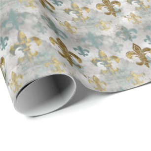 Fluer de Lis   Soft Blue & Gold Geschenkpapier