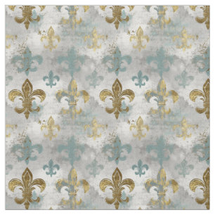 Fluer de Lis   Soft Blue & Gold Stoff