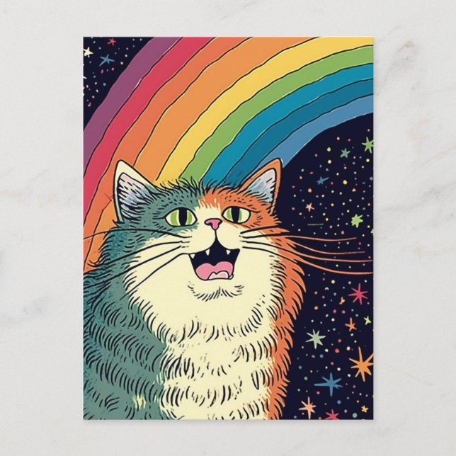 Fluffe Katze im Weltraum mit Regenbogen Postkarte (Vorderseite)