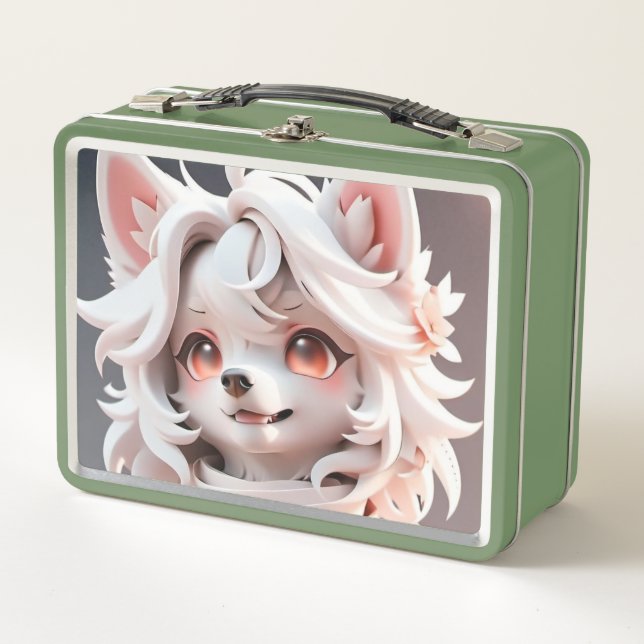 Fluffe, rosa und weiße Welpe Metall Brotdose (Vorderseite)