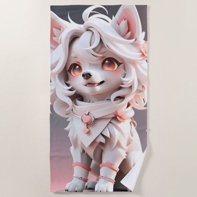 Fluffe, rosa und weiße Welpe Strandtuch (Vorderseite)