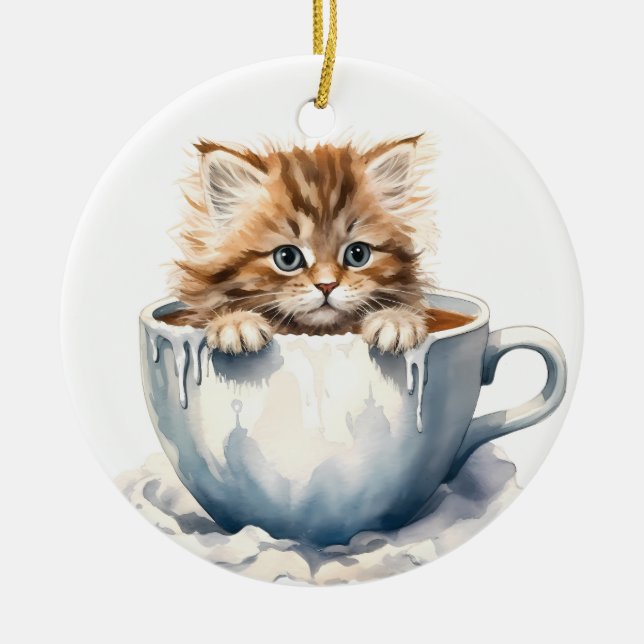 FLÜFFEN TABBY KITTEN IN EINEM TEACUP KERAMIK ORNAMENT (Vorne)