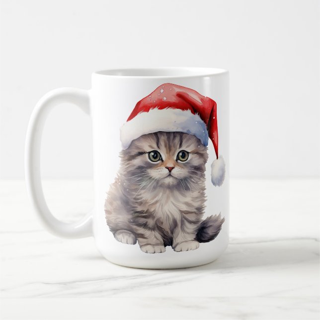 FLÜFFEN WEISS LANGE HAIRED CAT MIT WEIHNACHTSMANNM KAFFEETASSE (Links)
