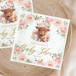 Fluffige Highland-Kuh Rosa Blumen-Baby-Party Serviette