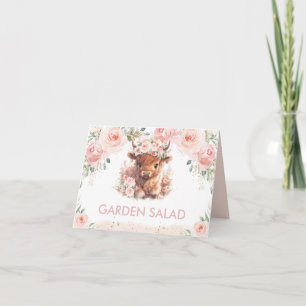 Fluffige Highland-Kuh Rosa Hauch Blumen Food Tent Karte