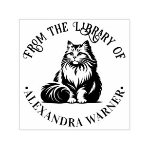 Fluffige Langhaarkatze sitzt #1 Bibliotheksbuchnam Permastempel