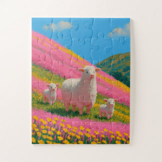 Fluffige Schafsfamilie in rosa Wildblumenhügeln Puzzle